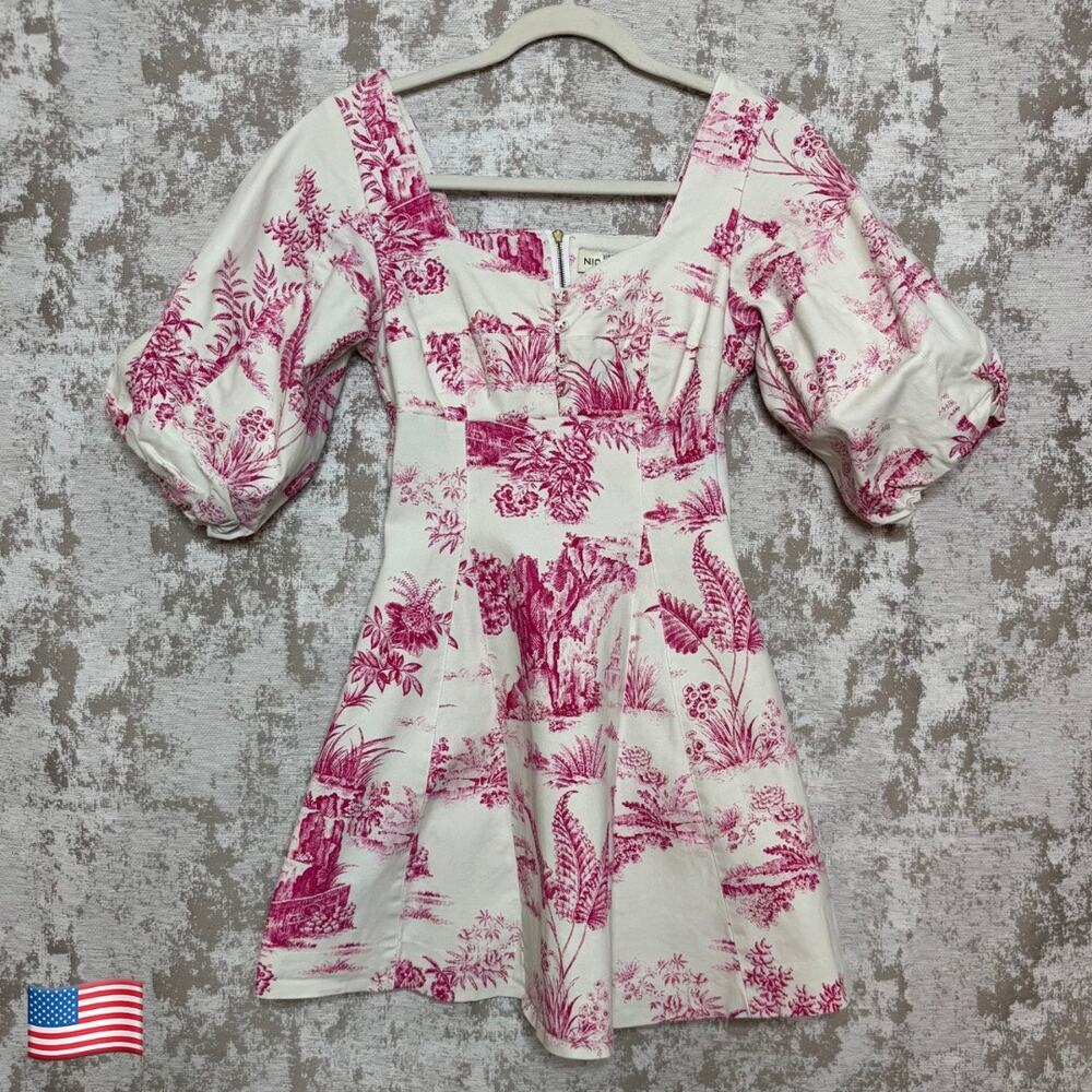 Nicholas Lydia Denim Toile Puff Sleeve Mini Dress in Pink/White